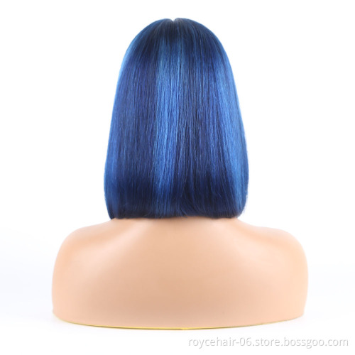 Color Hair Bob Wig Vendor, Piano Blue Lace Front Wig For Women, Highlight Human Hair Pre Plucked HD T Shape Lace Front Wig